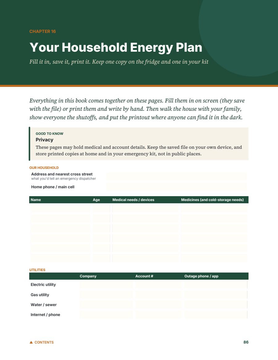 Sample page: the fill-in household energy plan